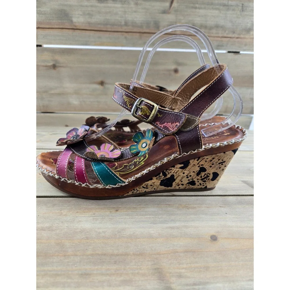 Spring Step L'Artiste Brown Leather Floral Wedge Sandals Hand Painted Women 42